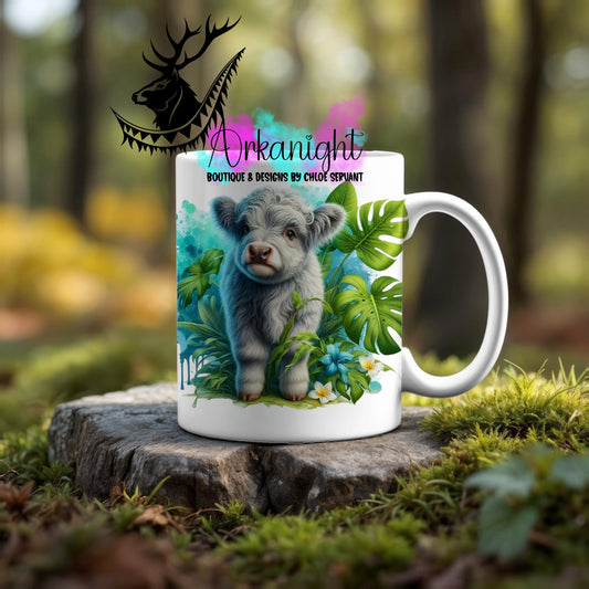 Numérique - Tasse en céramique - Collection Monstera & Animaux ♡ Vache Highland Grise