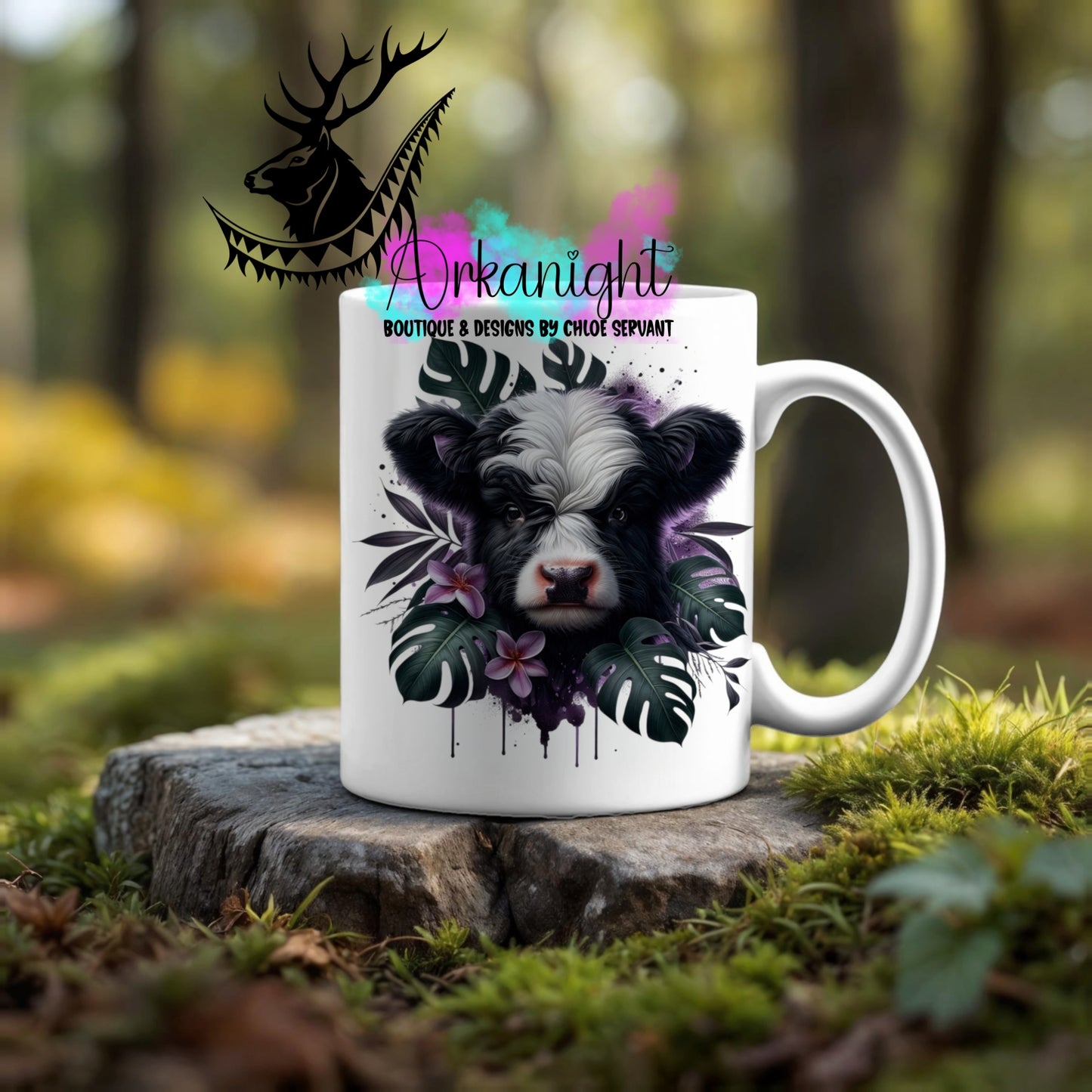 Numérique - Tasse en céramique - Collection Monstera & Animaux ♡ Vache Highland Noire & Blanche