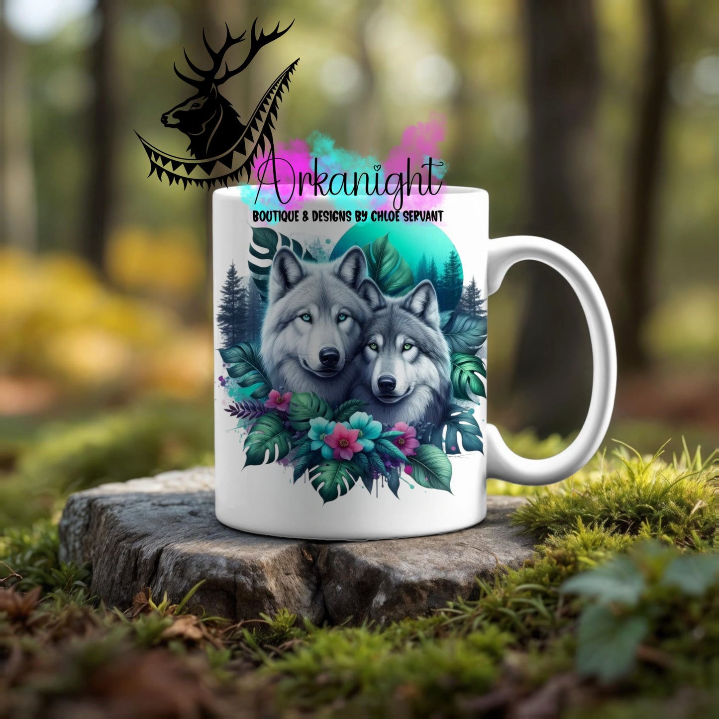 Numérique - Tasse en céramique - Collection Monstera & Animaux ♡ Couple de loup gris