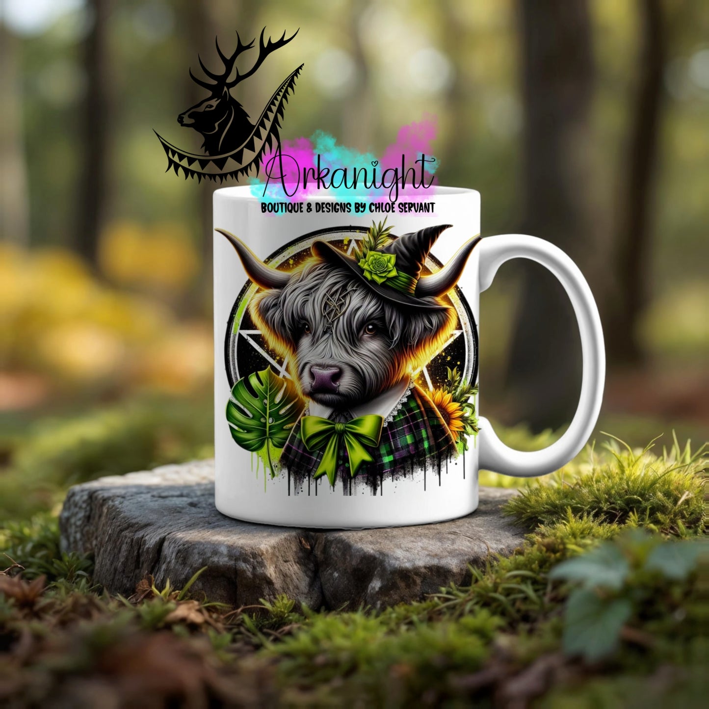 Numérique - Tasse en céramique - Collection Halloween & Witchy ♡ Sorcière Vache highland Grise