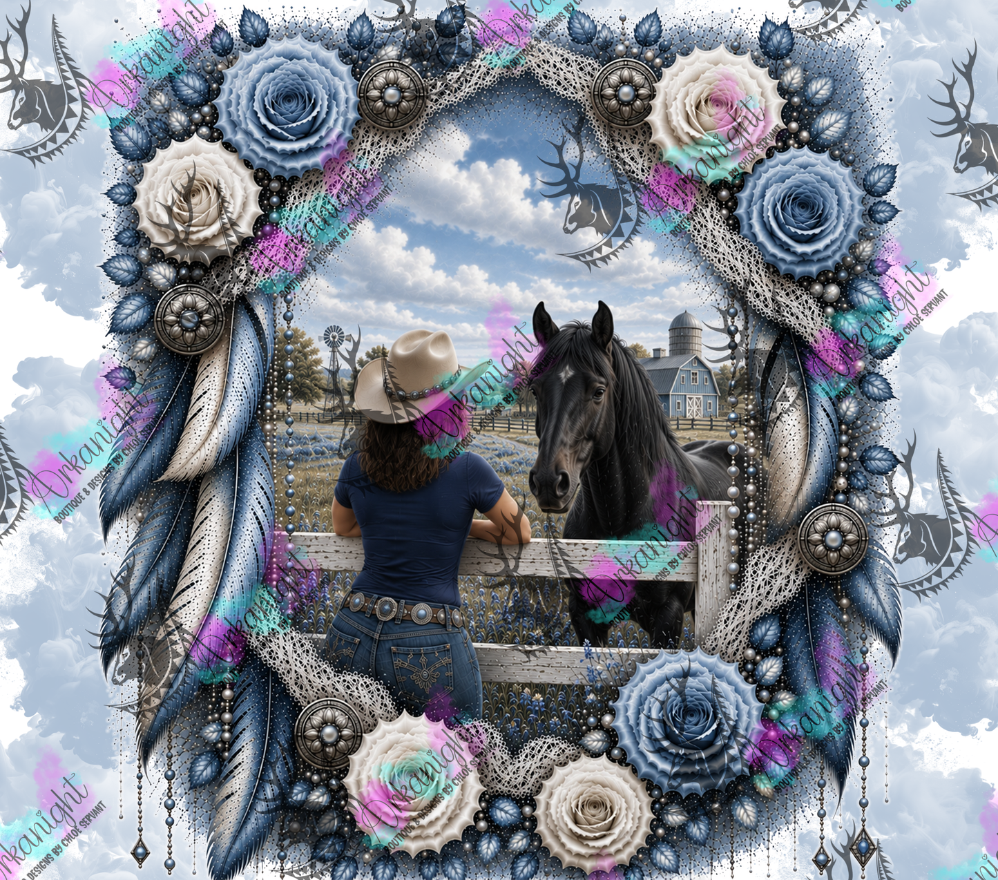 Numérique - Collection Boho 2026 -   Double Exposition ♡ Western ♡ Cowgirl Fence Brune/Noire & Cheval Noir