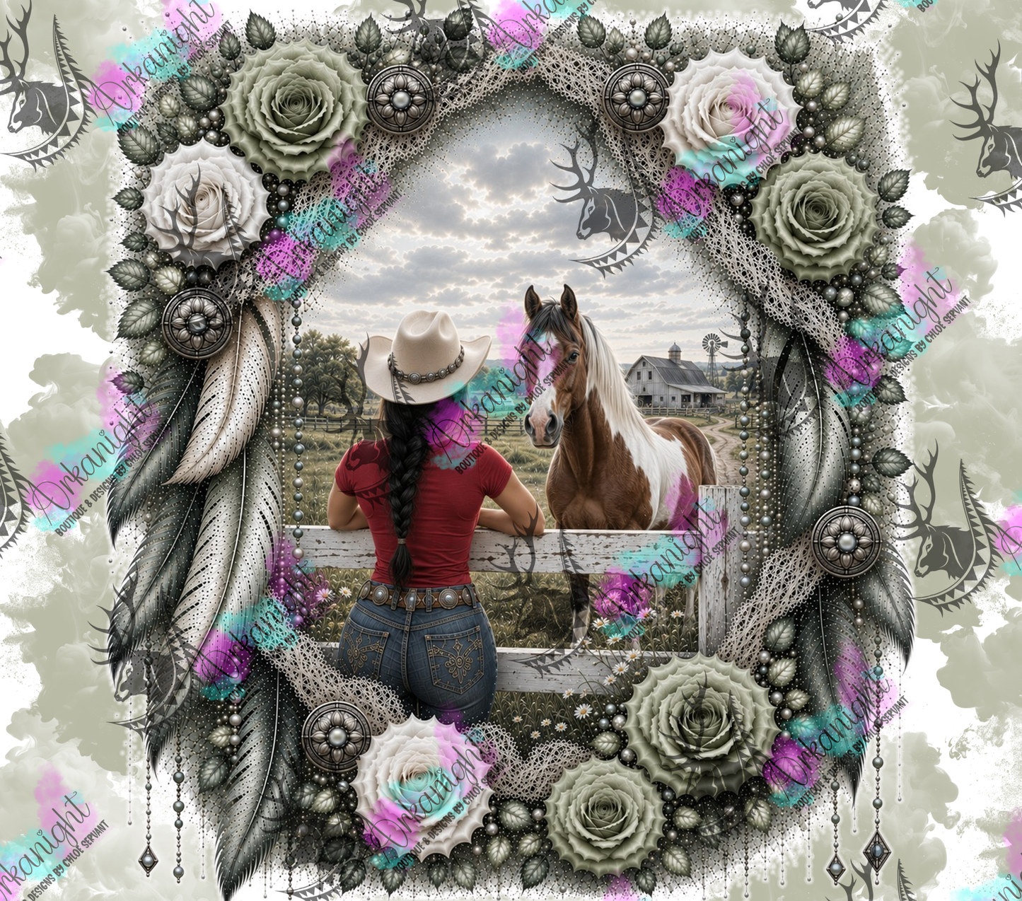 Numérique - Collection Boho 2026 -   Double Exposition ♡ Western ♡ Cowgirl Fence Brune & Cheval paint