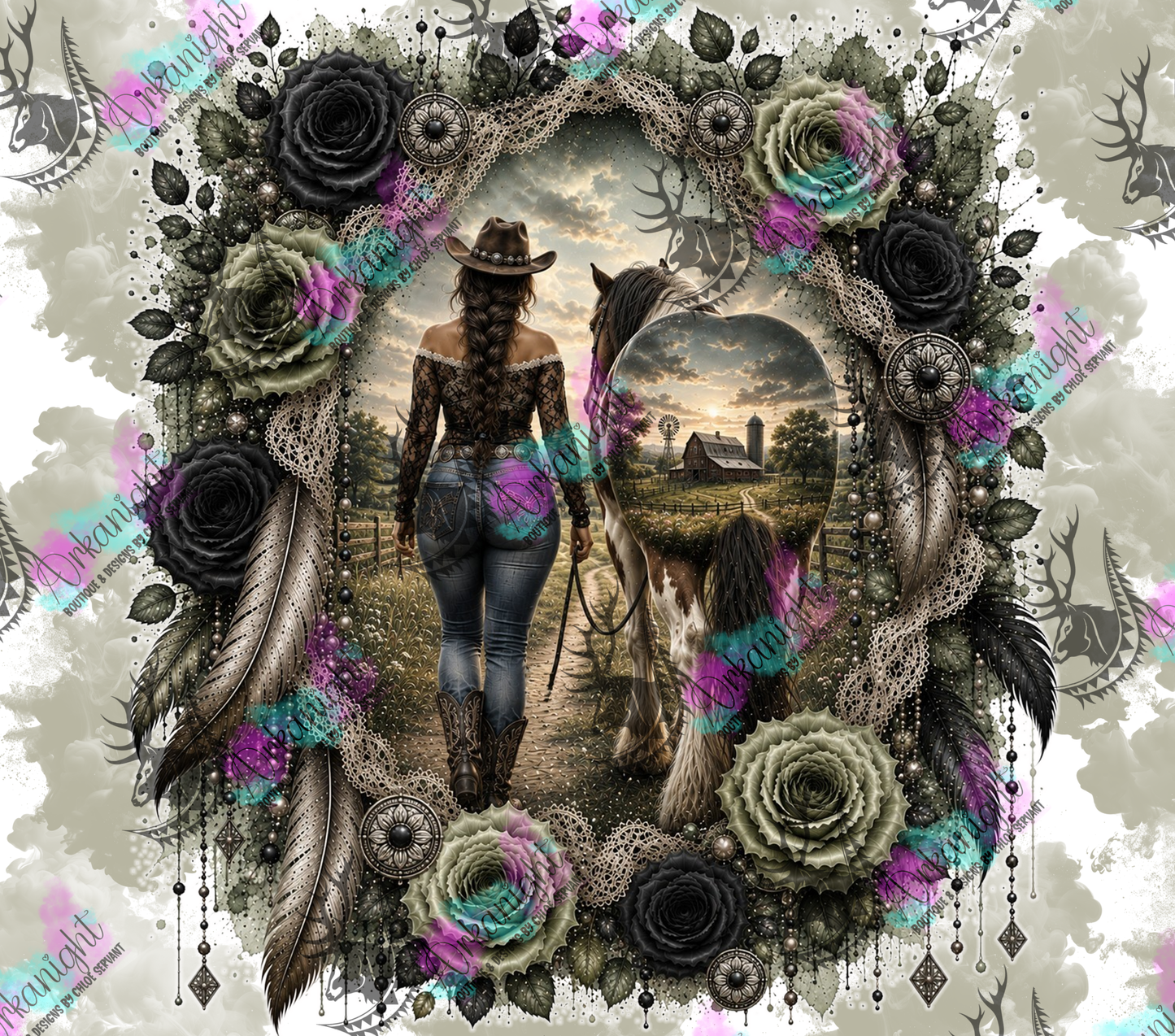 Numérique - Collection Boho 2026 -   Double Exposition ♡ Western ♡ Cowgirl tresse Brune Curvy & Cheval paint