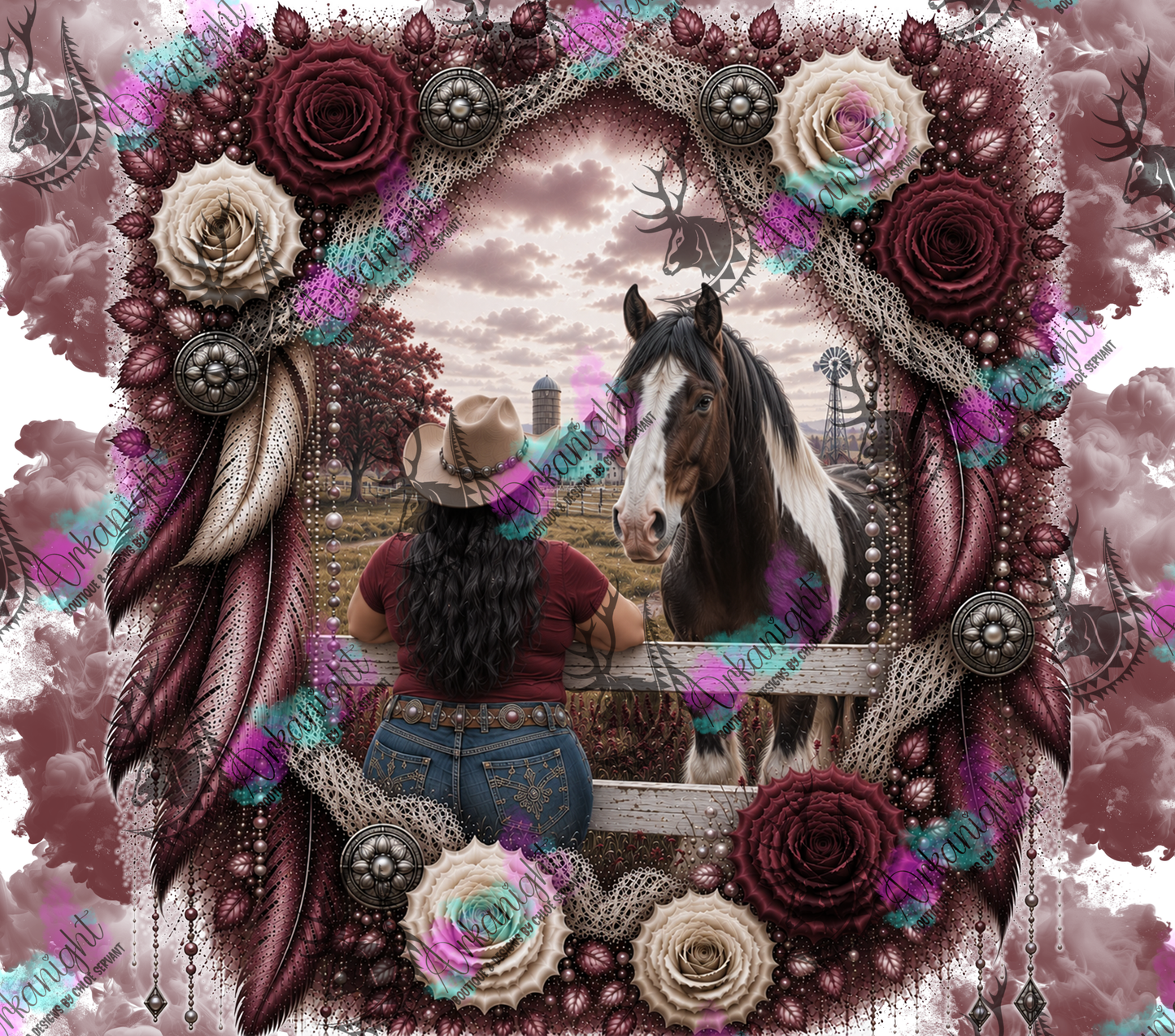 Numérique - Collection Boho 2026 -   Double Exposition ♡ Western ♡ Cowgirl Fence Curvy Brune & Cheval paint