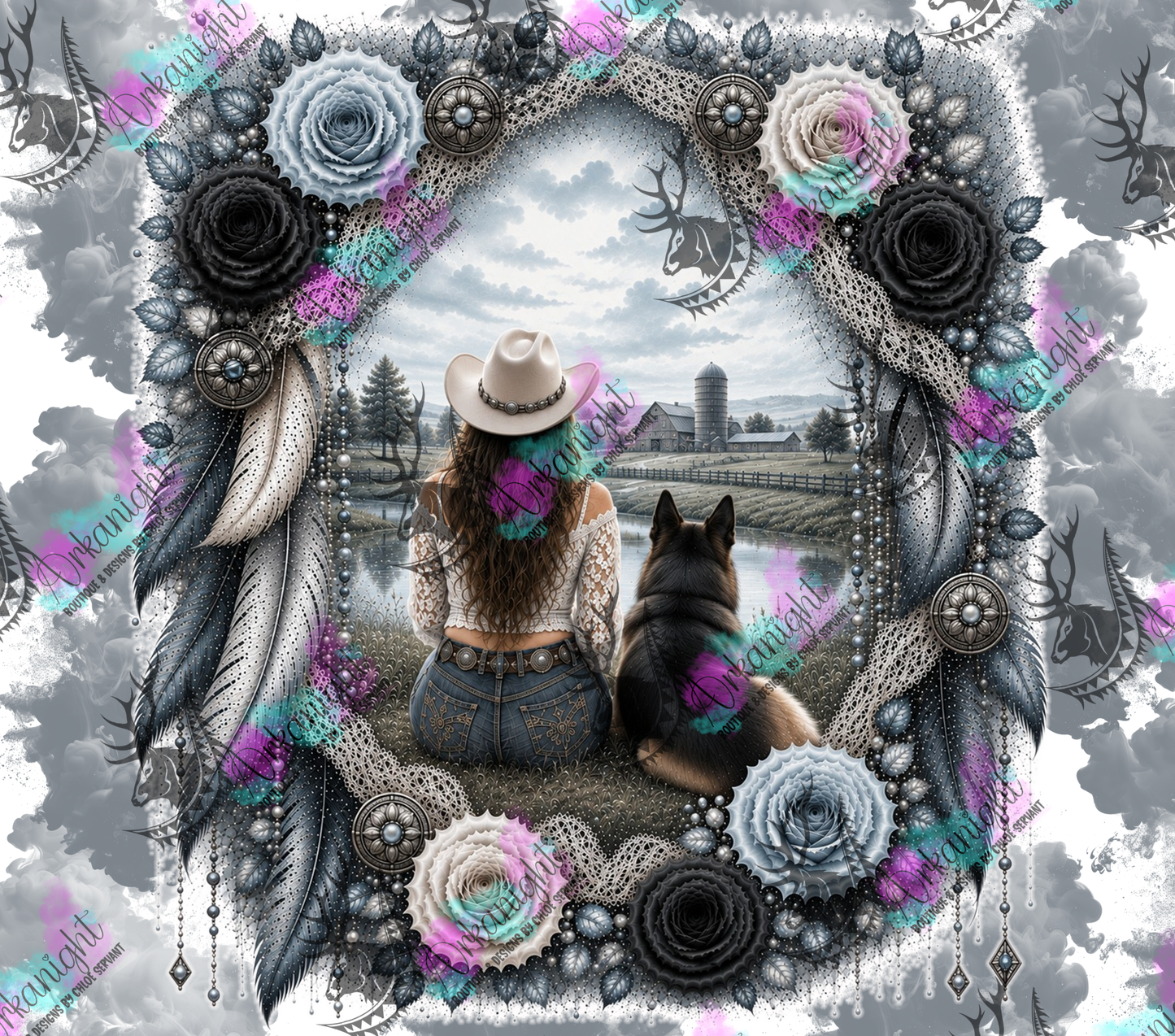 Numérique - Collection Boho 2026 -   Double Exposition ♡ Western ♡ Cowgirl assise Brune & Berger Allemand