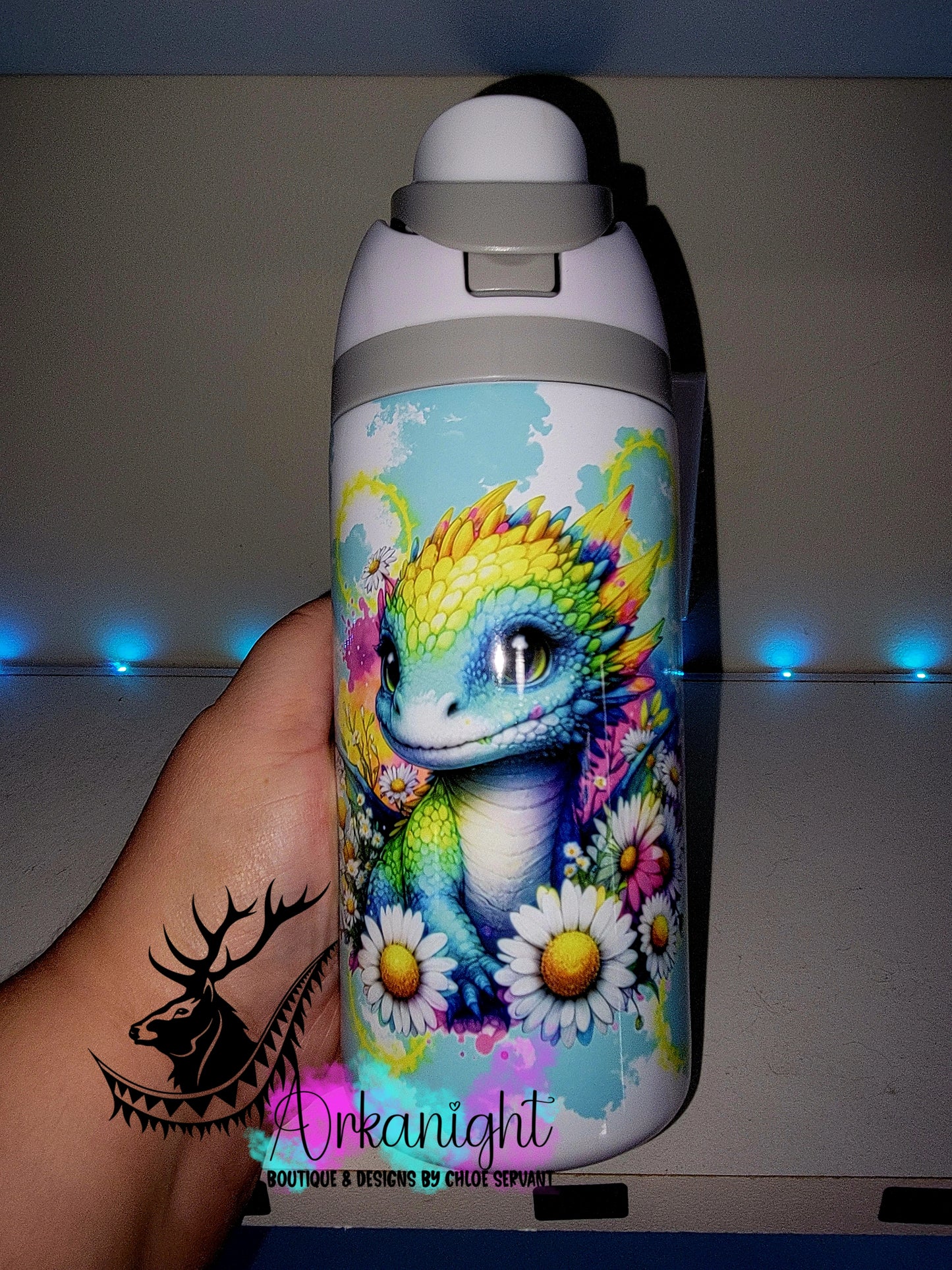 Gourde Owala DUPE 16 oz pour enfant - Sur Commande - Collection Vivid Colors & Flowers ♡ Dragon Turquoise & Jaune
