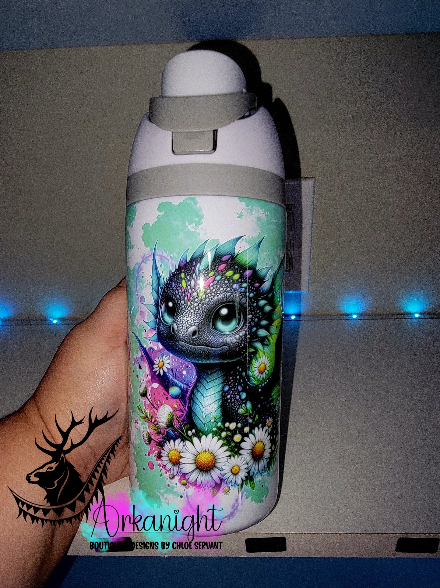 Gourde Owala DUPE 16 oz pour enfant - Sur Commande - Collection Vivid Colors & Flowers ♡ Dragon Noir & Turquoise