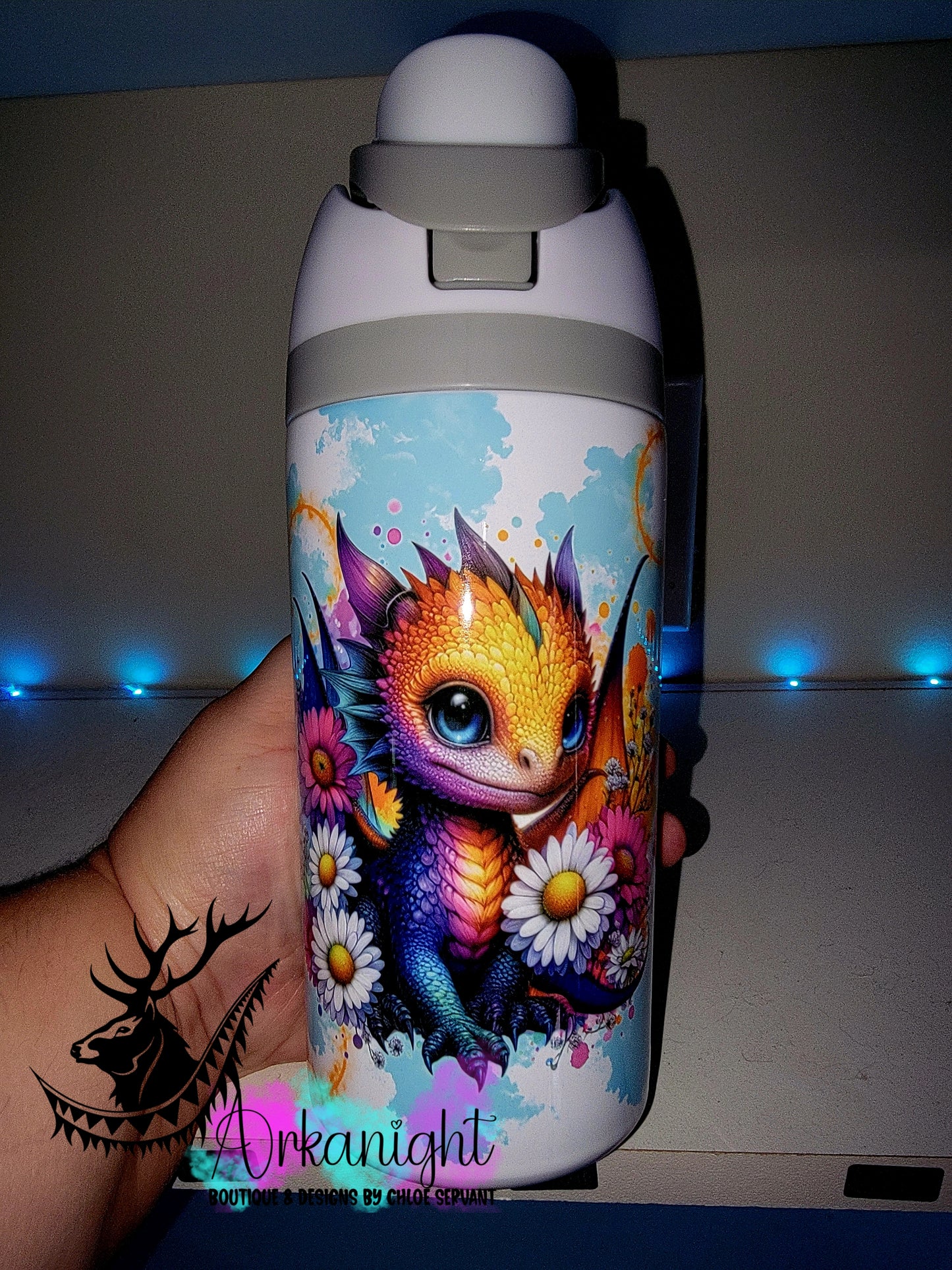 Gourde Owala DUPE 16 oz pour enfant - Sur Commande - Collection Vivid Colors & Flowers ♡ Dragon Mauve & Orange