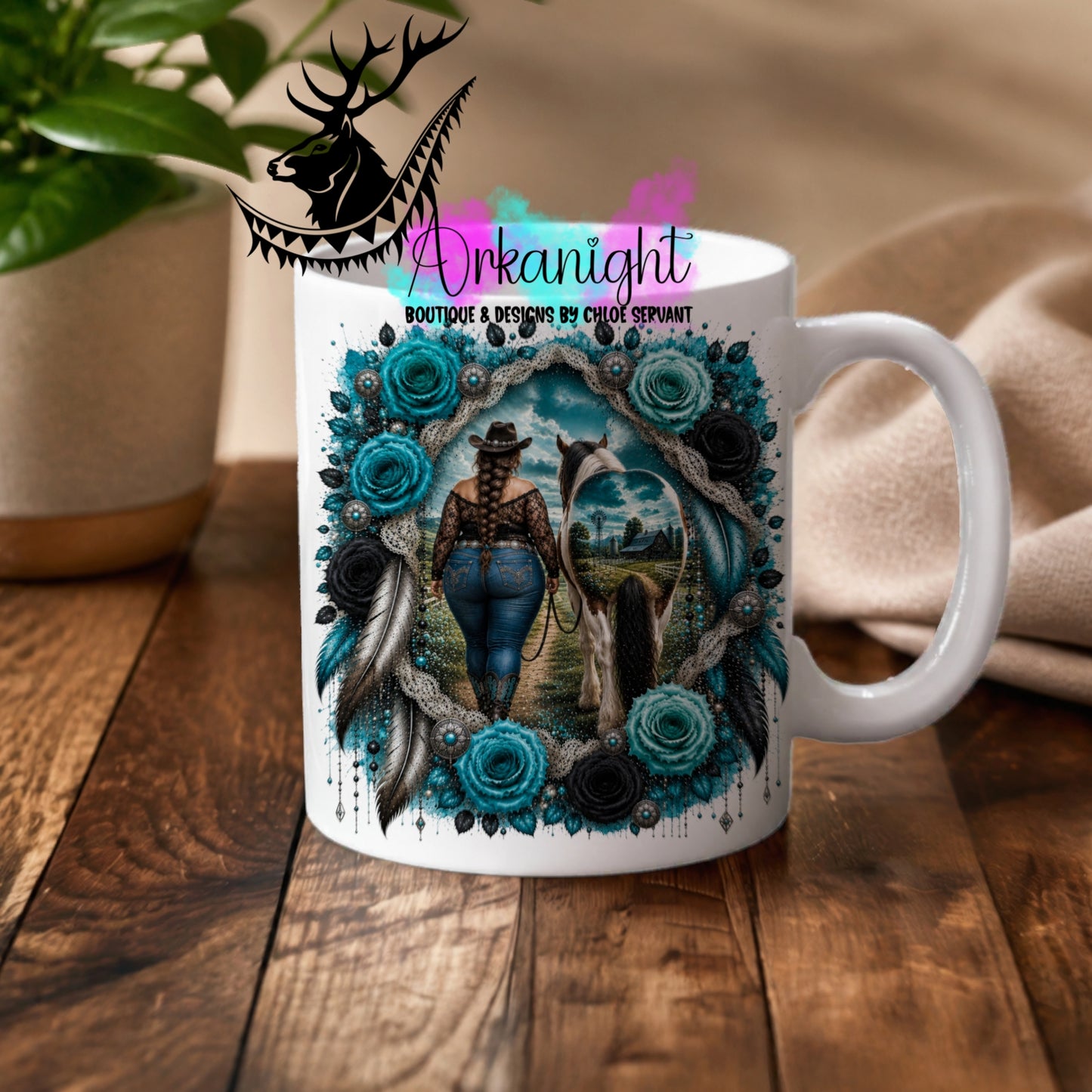 Tasse en céramique sur commande - Collection Boho 2026 ♡ Double Exposition ♡ Cowgirl Plus Size & Cheval - Teinte Turquoise