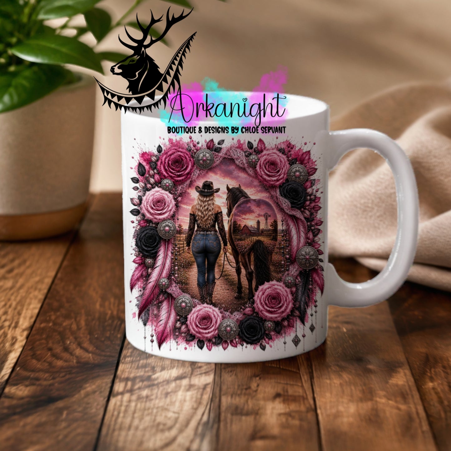 Tasse en céramique sur commande - Collection Boho 2026 ♡ Double Exposition ♡ Cowgirl & Cheval - Teinte Rose