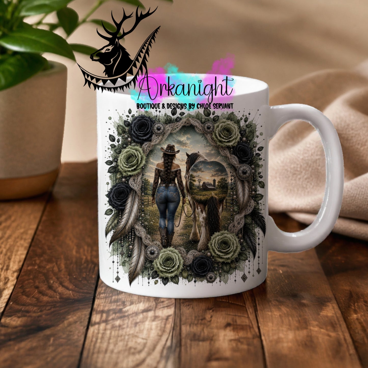 Tasse en céramique sur commande - Collection Boho 2026 ♡ Double Exposition ♡ Cowgirl & Cheval - Teinte Vert et Noir