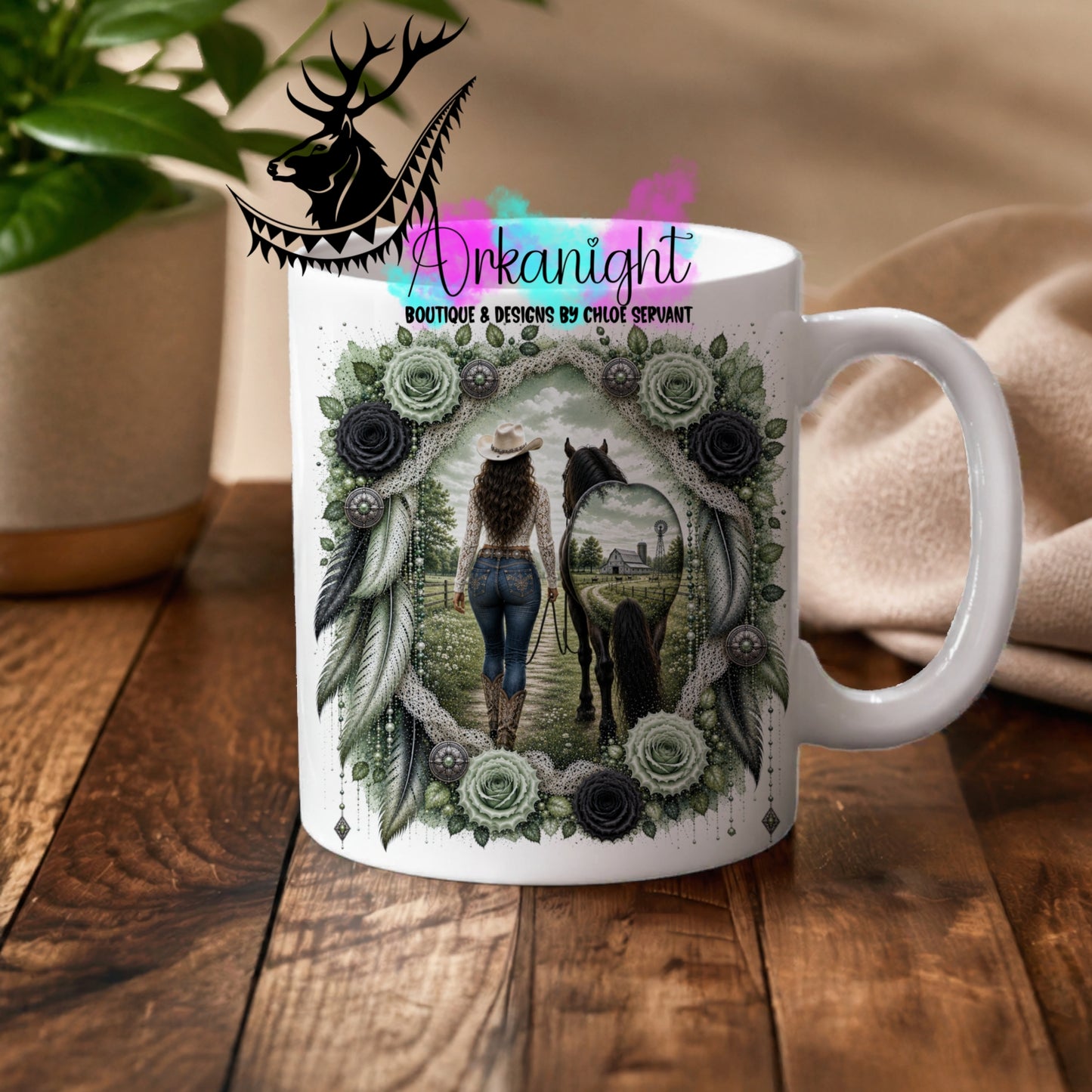 Numérique - Tasse en céramique - Collection Boho 2026 ♡ Double Exposition - Cowgirl  & Cheval - Teinte vert