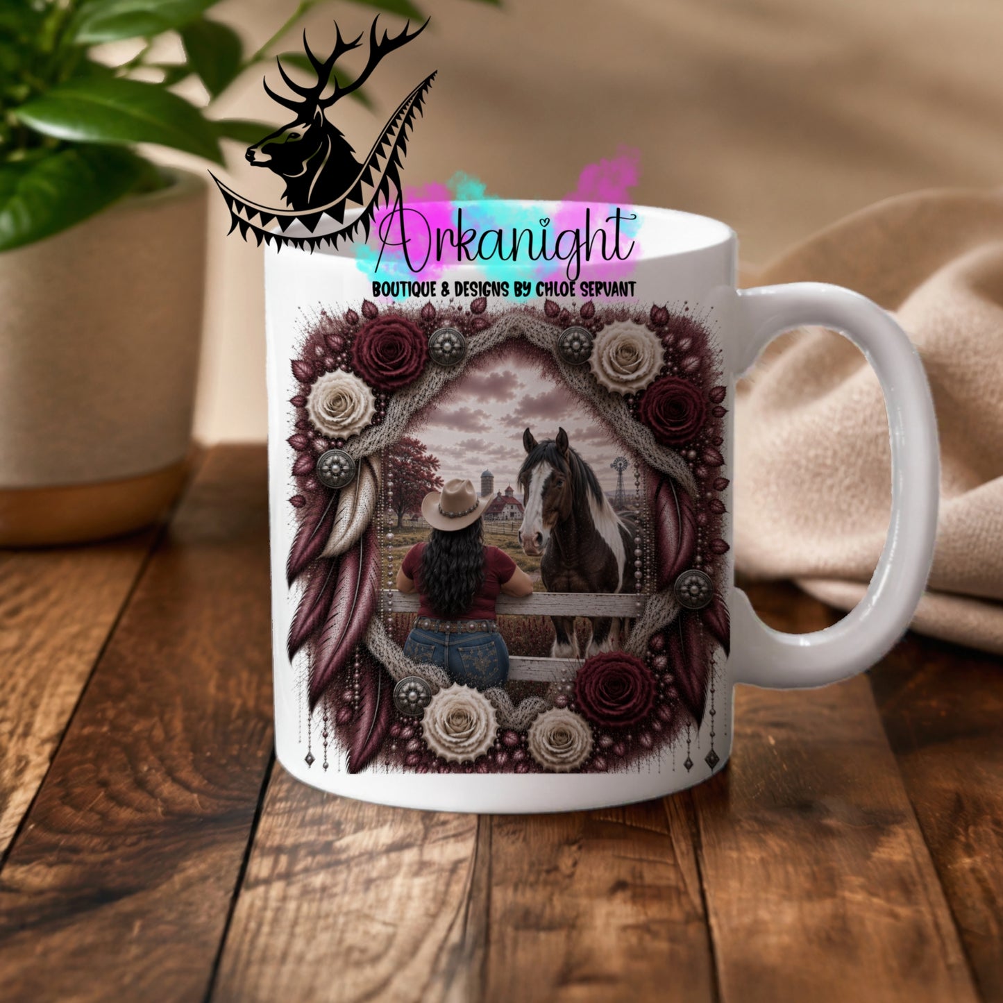 Tasse en céramique sur commande - Collection Boho 2026 ♡ Double Exposition ♡ Fence - Cowgirl Curvy & Cheval paint horse - Teinte Bourgogne