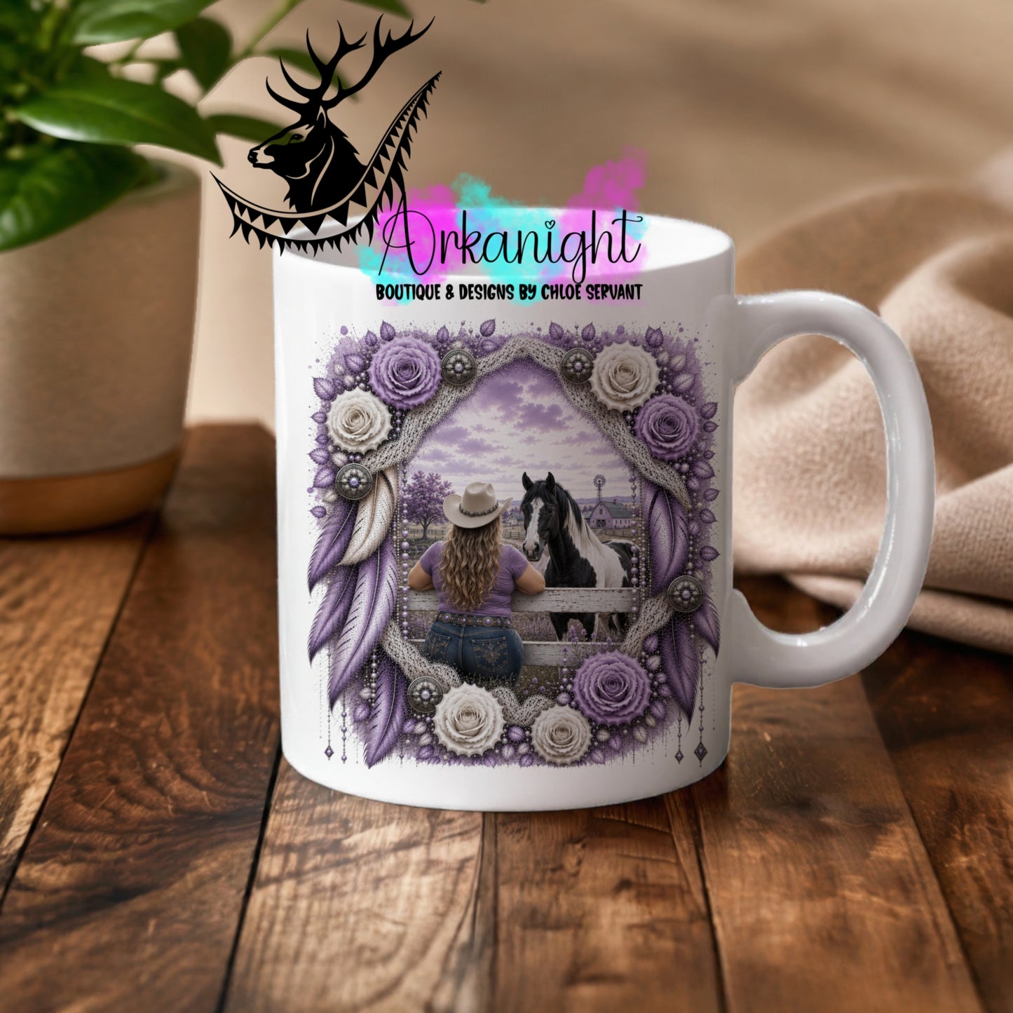 Tasse en céramique sur commande - Collection Boho 2026 ♡ Double Exposition ♡ Cowgirl curvy & Cheval- Teinte mauve