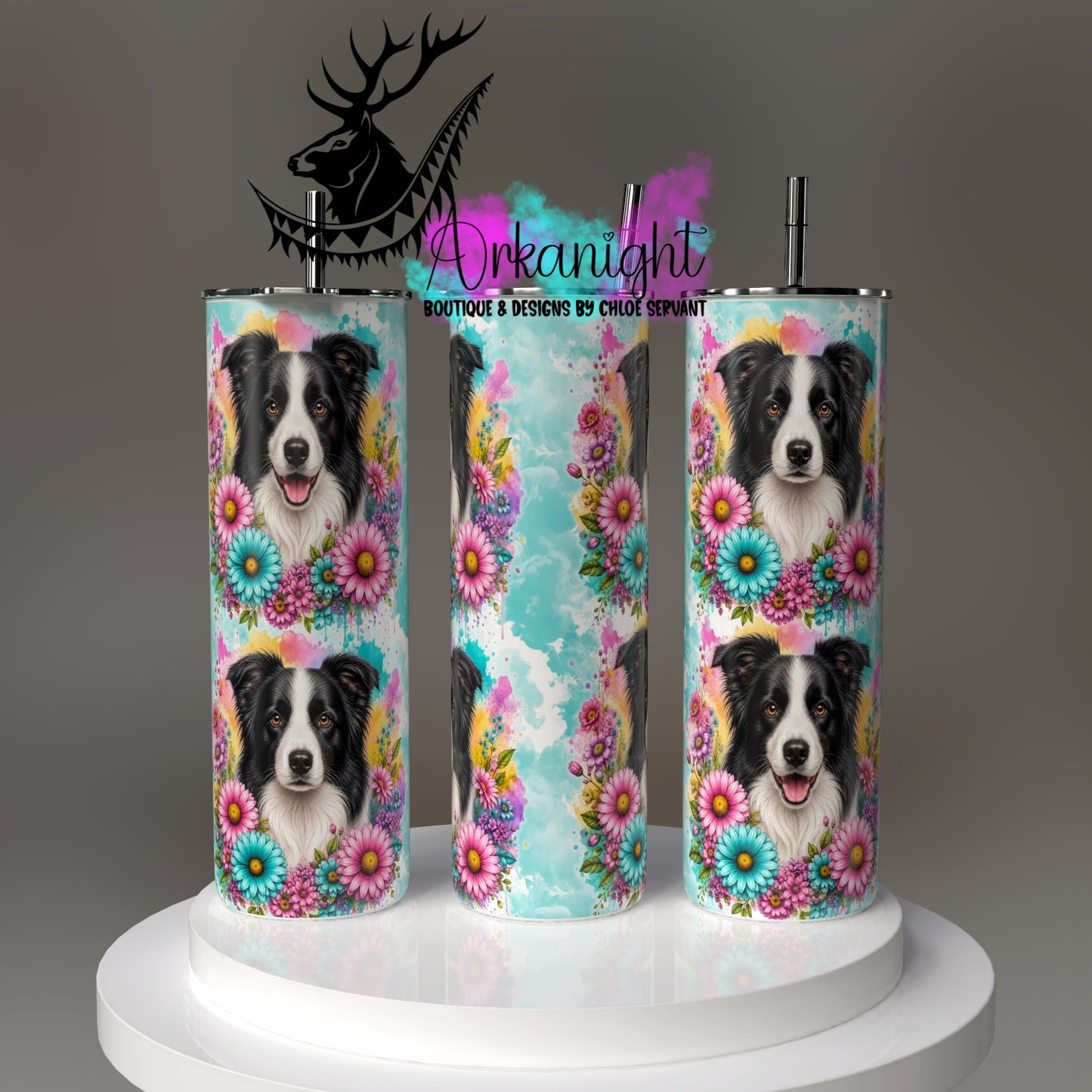 Gourde sur commande - Collection Fleurie Pastelle - Chien Border Collie