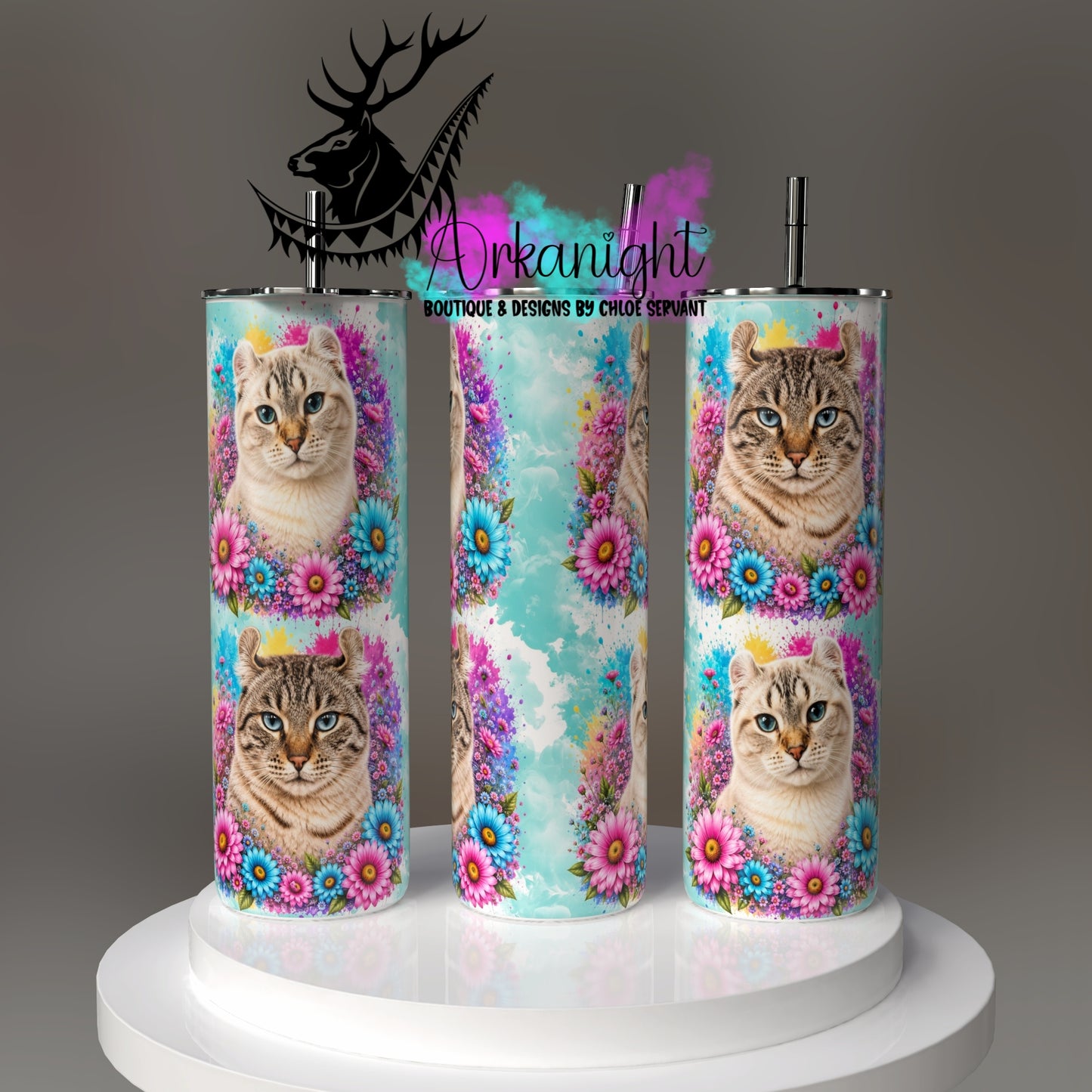Gourde sur commande - Collection Fleurie Pastelle - Chat Highland Lynx