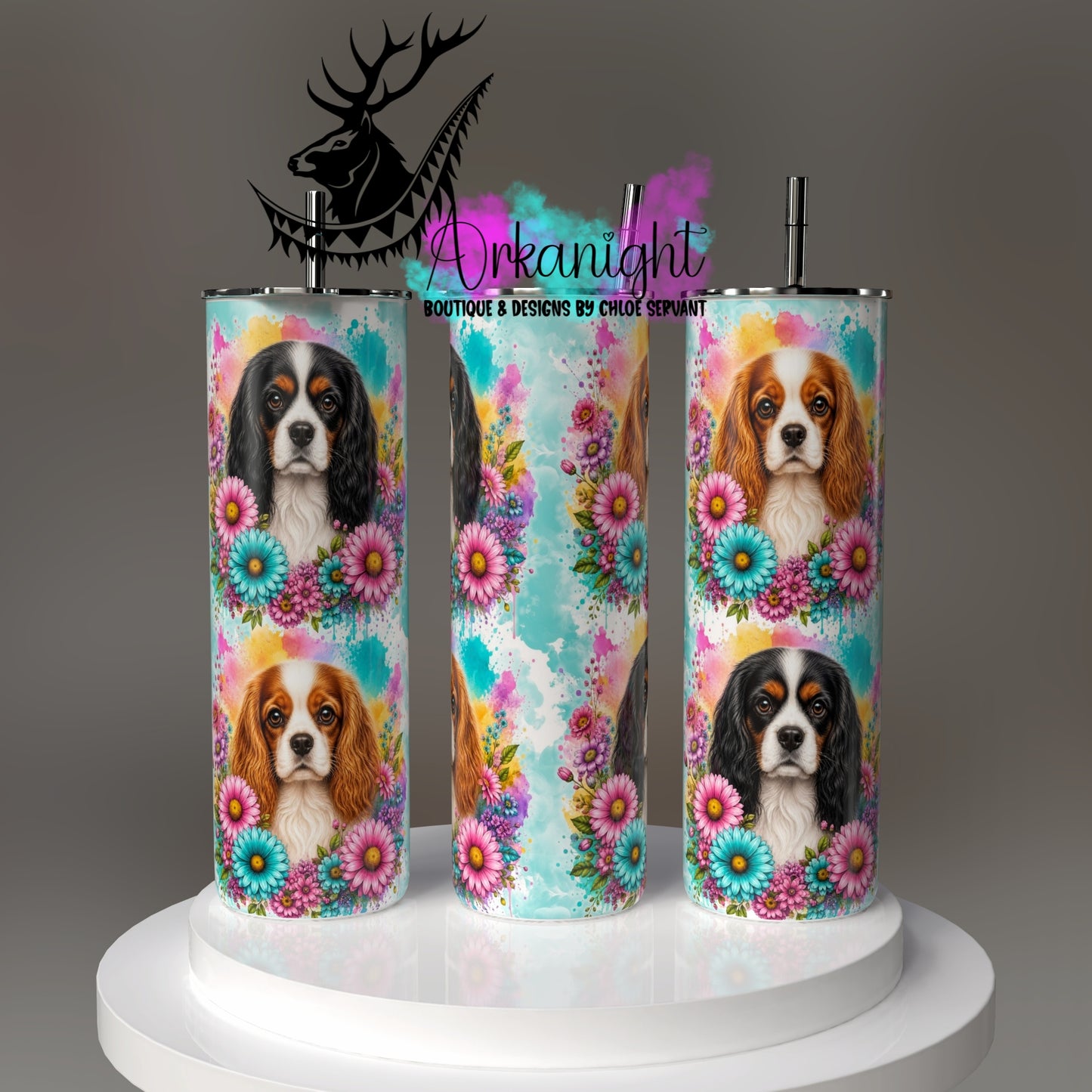 Gourde sur commande - Collection Fleurie Pastelle - Chien Cavalier King Charles