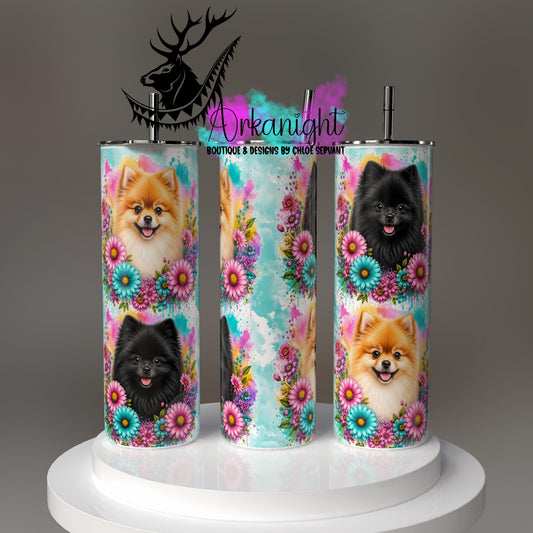 Gourde sur commande - Collection Fleurie Pastelle - Chien Poméraniens