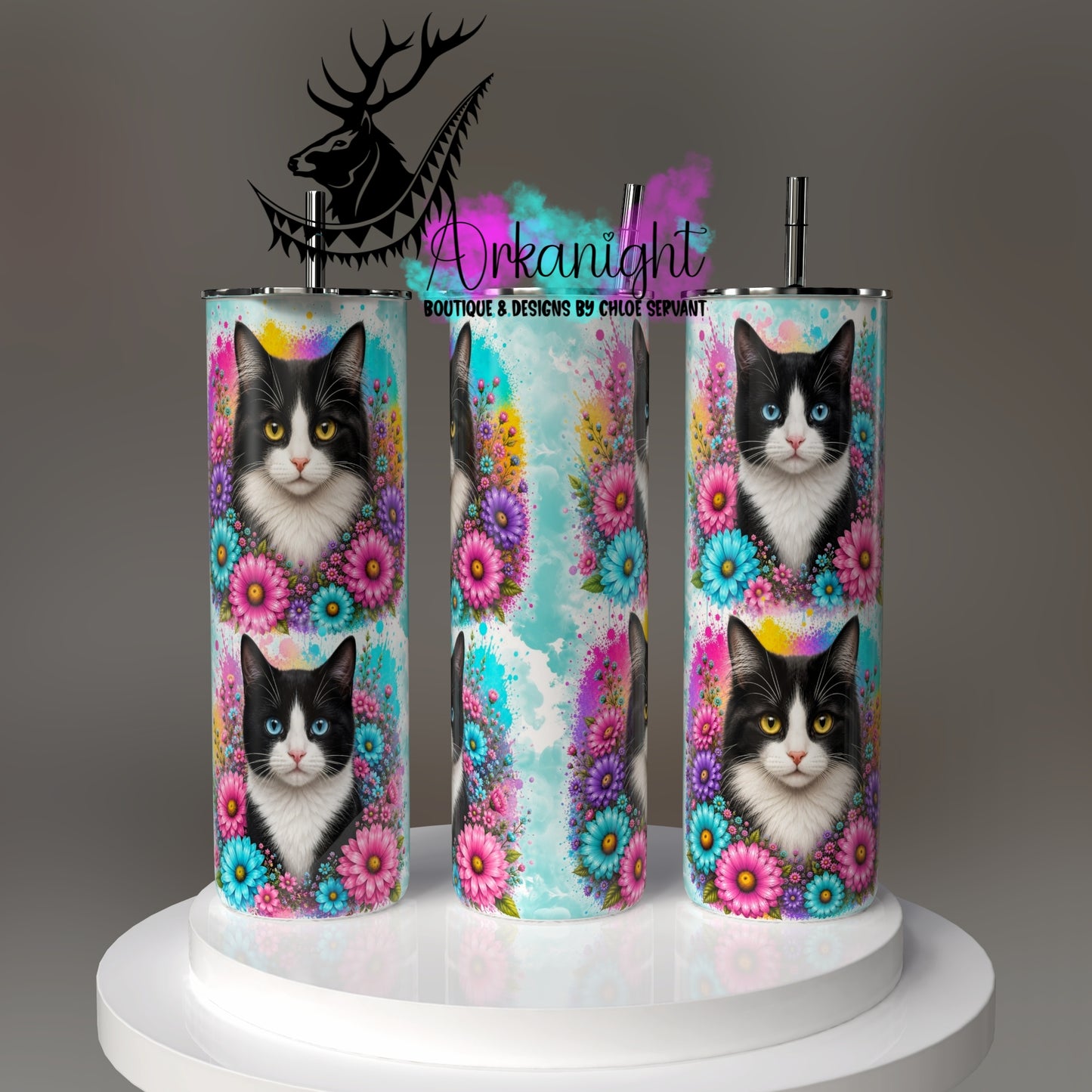 Gourde sur commande - Collection Fleurie Pastelle - Chat Noir & Blanc