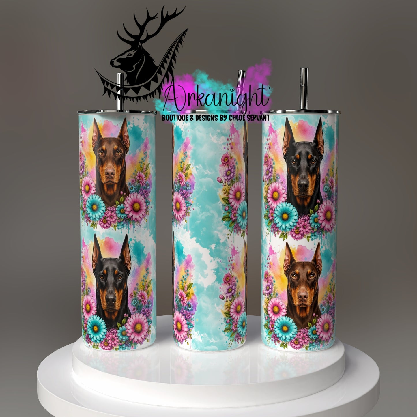 Gourde sur commande - Collection Fleurie Pastelle - Chien Doberman