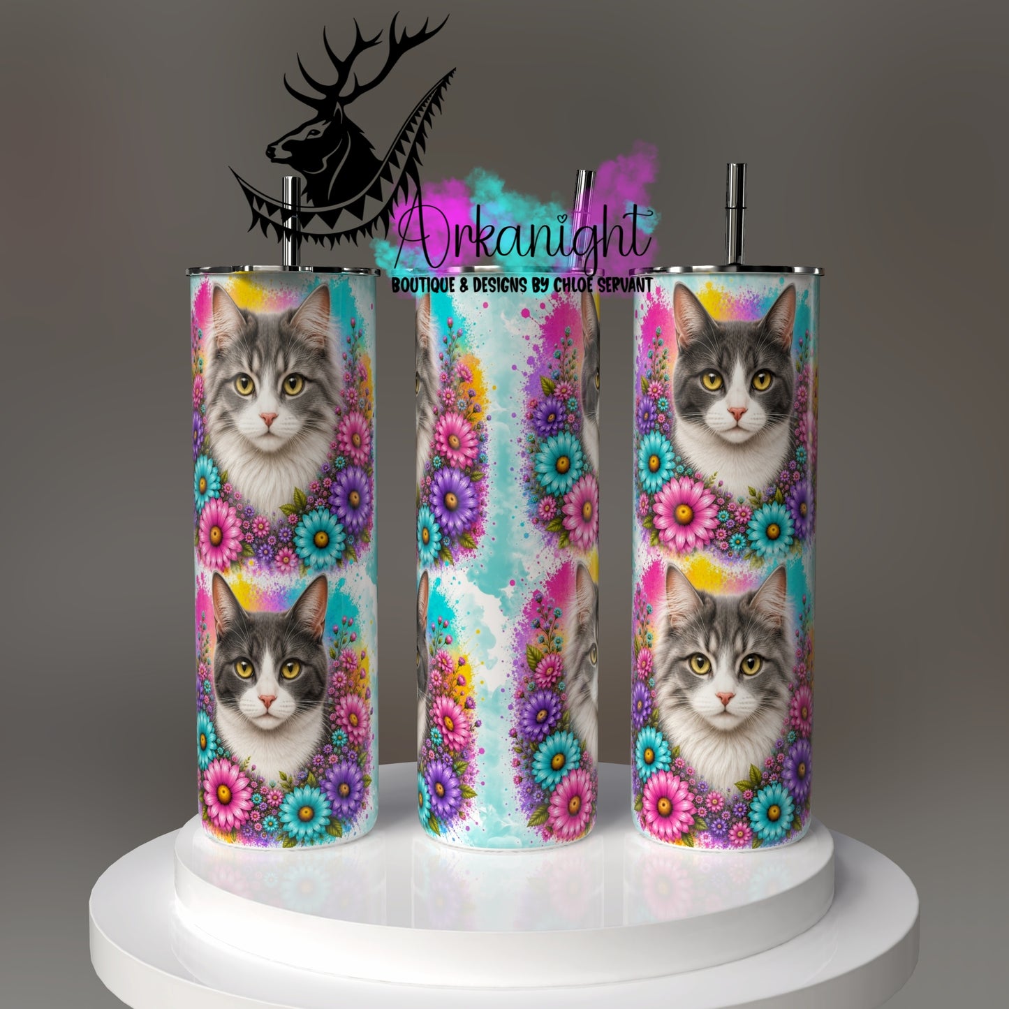 Gourde sur commande - Collection Fleurie Pastelle - Chat Gris & Blanc