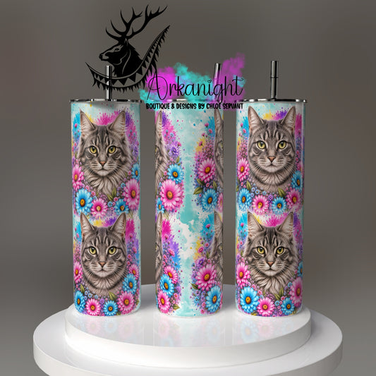 Gourde sur commande - Collection Fleurie Pastelle - Chat Tabbie Gris