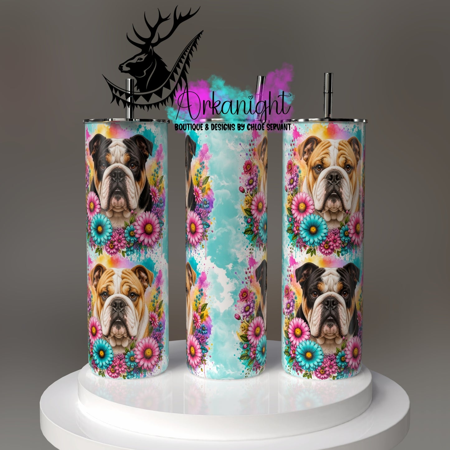 Gourde sur commande - Collection Fleurie Pastelle - Chien Bulldog Anglais