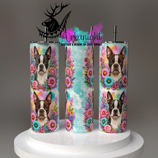 Gourde sur commande - Collection Fleurie Pastelle - Chien Boston terrier