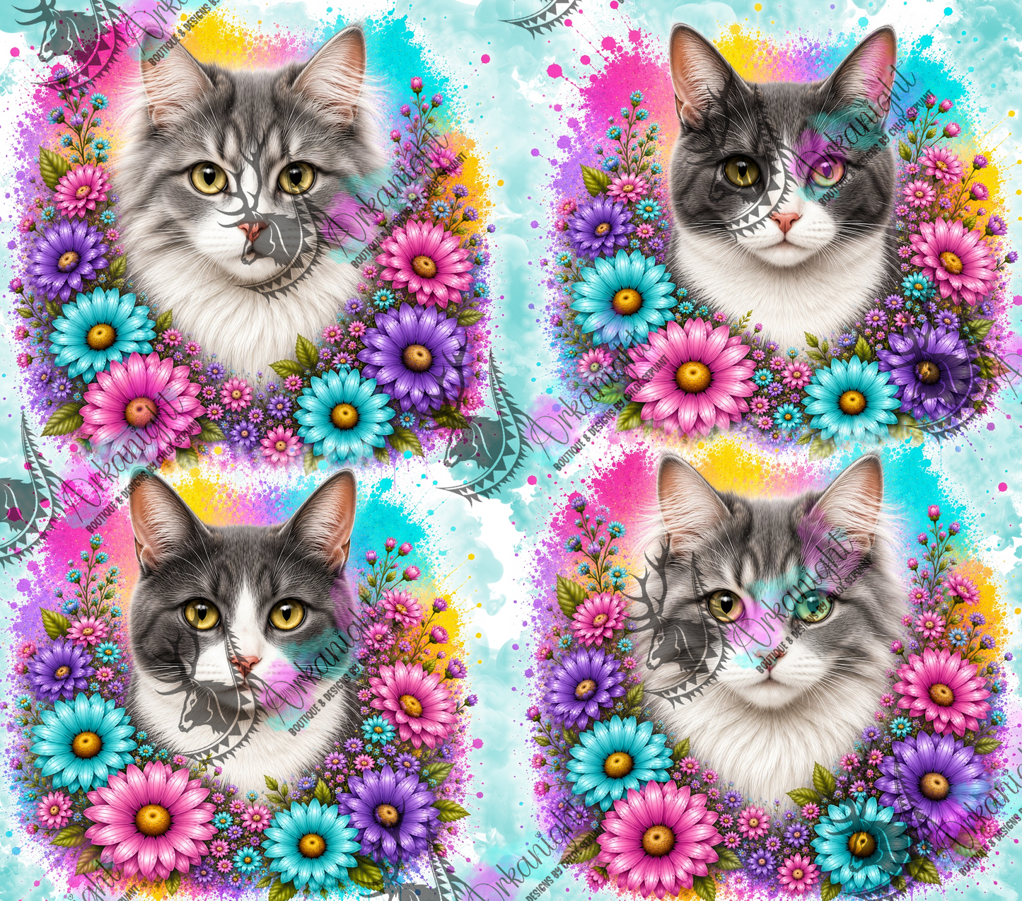 Numérique - Collection Fleurie Pastelle - Chat Gris & Blanc