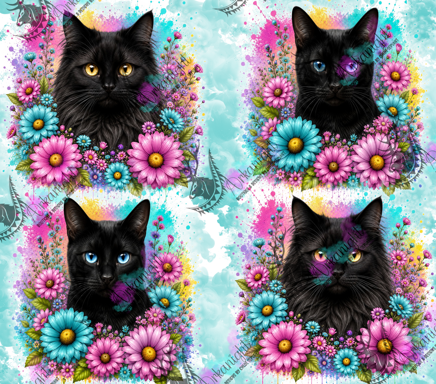 Numérique - Collection Fleurie Pastelle - Chat Noir