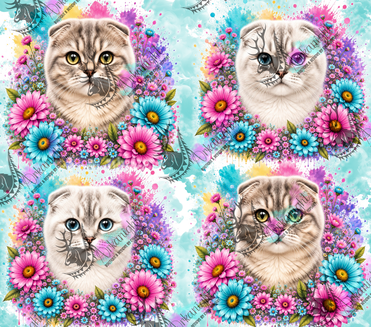 Numérique - Collection Fleurie Pastelle - Chat Scottish fold