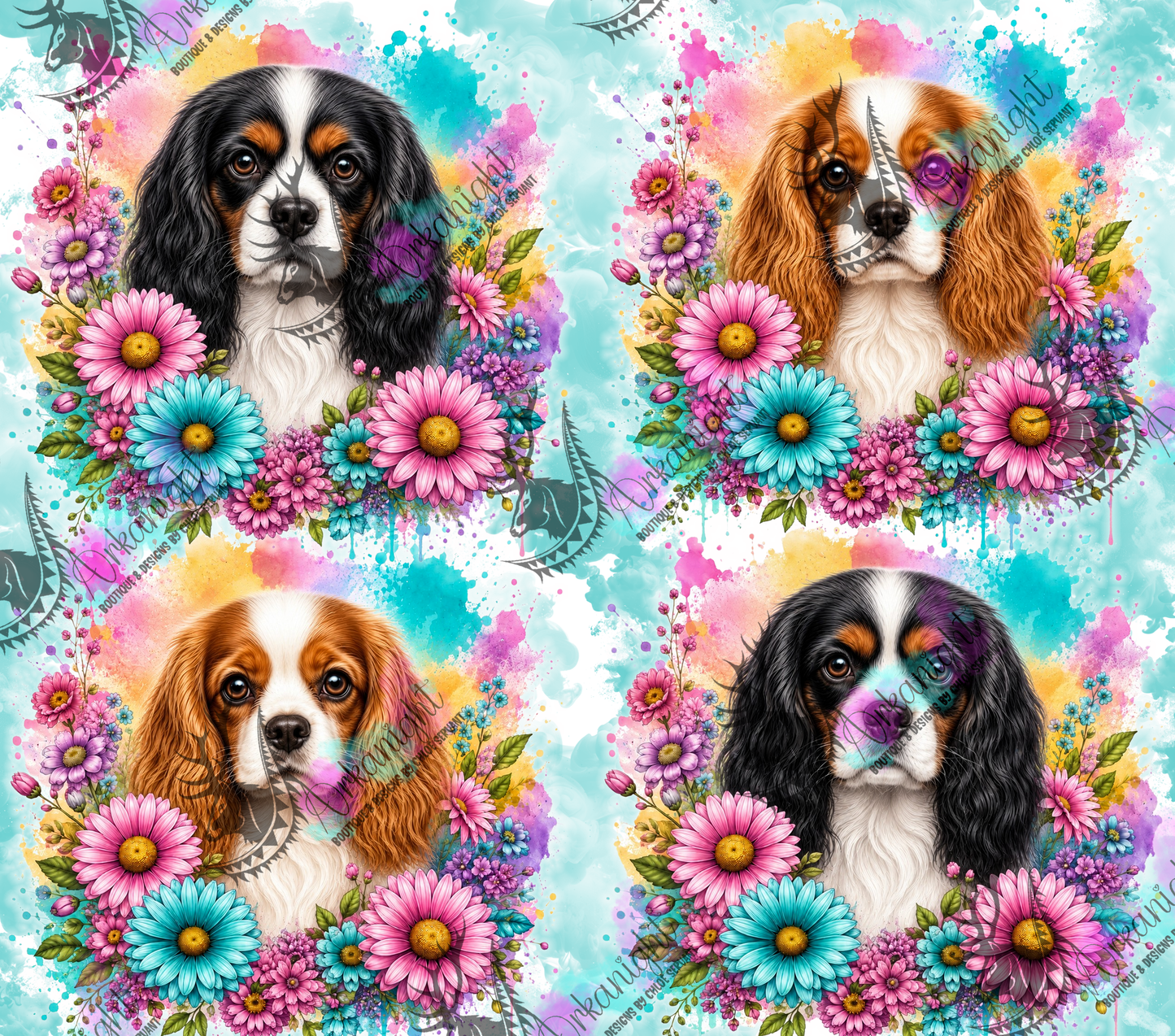 Numérique - Collection Fleurie Pastelle - Chien Cavalier King Charles