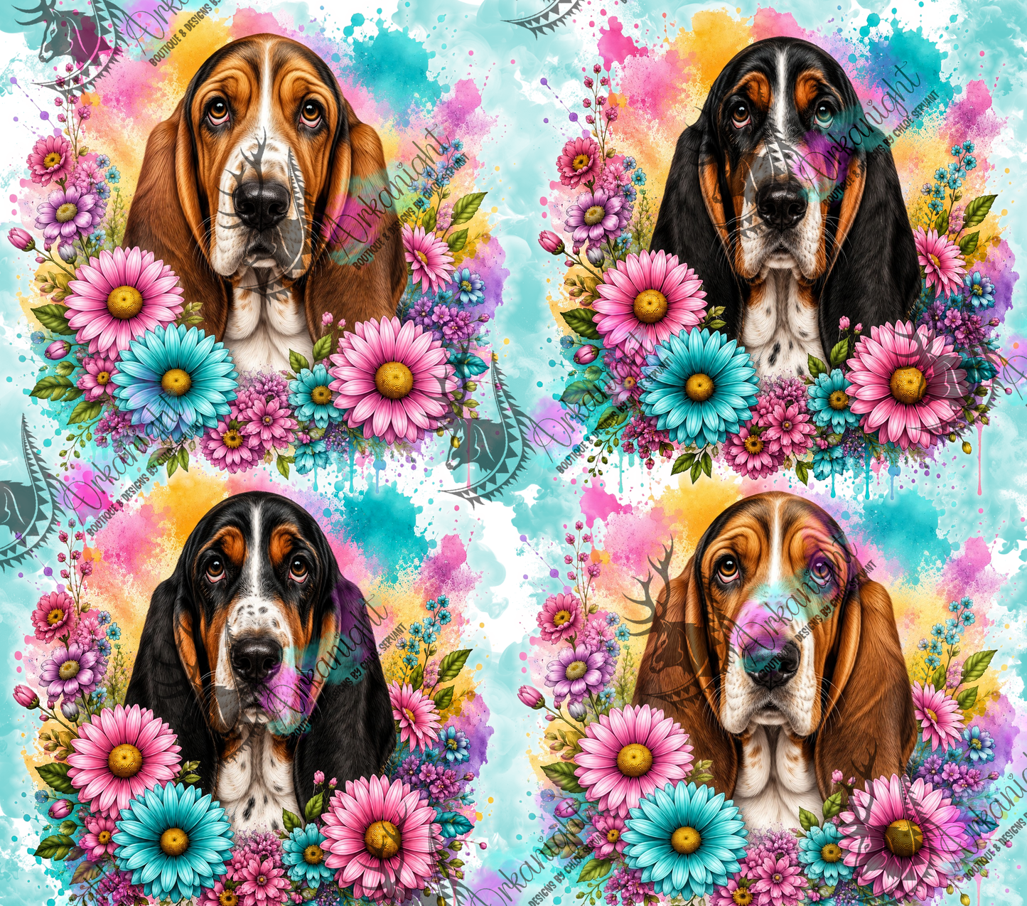 Numérique - Collection Fleurie Pastelle - Basset Hound