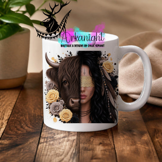 Tasse en céramique sur commande - Collection Boho 2026 ♡ Mi-Femme Mi-Animaux ♡ Vache Noir