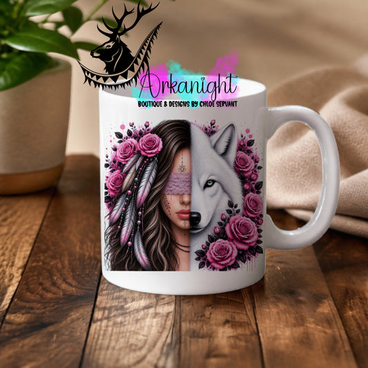 Tasse en céramique sur commande - Collection Boho 2026 ♡ Mi-Femme Mi-Animaux ♡ Loup Brune