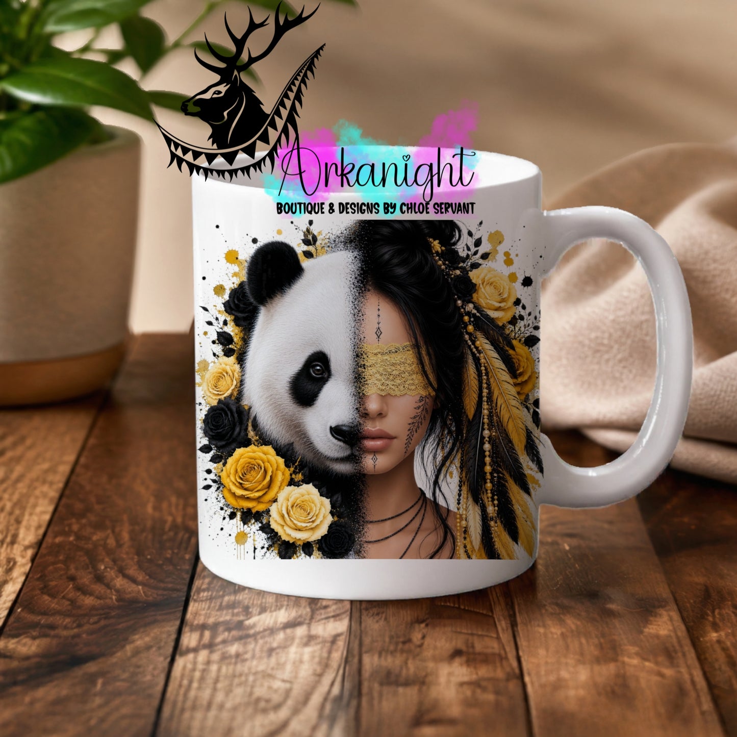 Numérique - Tasse en céramique - Collection Boho 2026 ♡ Mi-Femme Mi-Animaux ♡ Panda - Noir