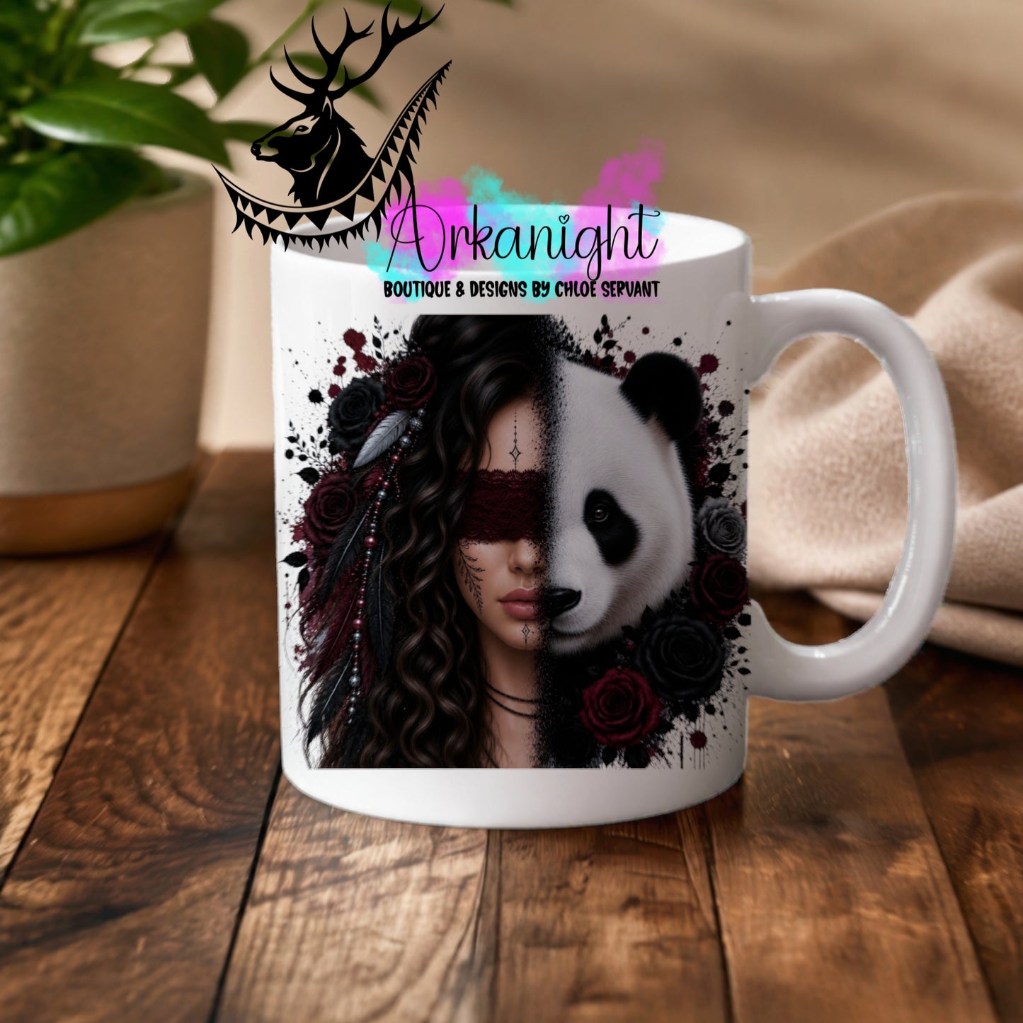 Numérique - Tasse en céramique - Collection Boho 2026 ♡ Mi-Femme Mi-Animaux ♡ Panda - Brune