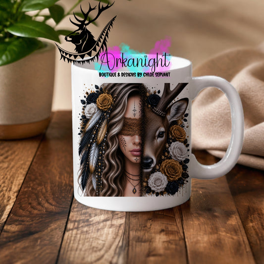 Tasse en céramique sur commande - Collection Boho 2026 ♡ Mi-Femme Mi-Animaux ♡ Cerf  Blonde-Châtain
