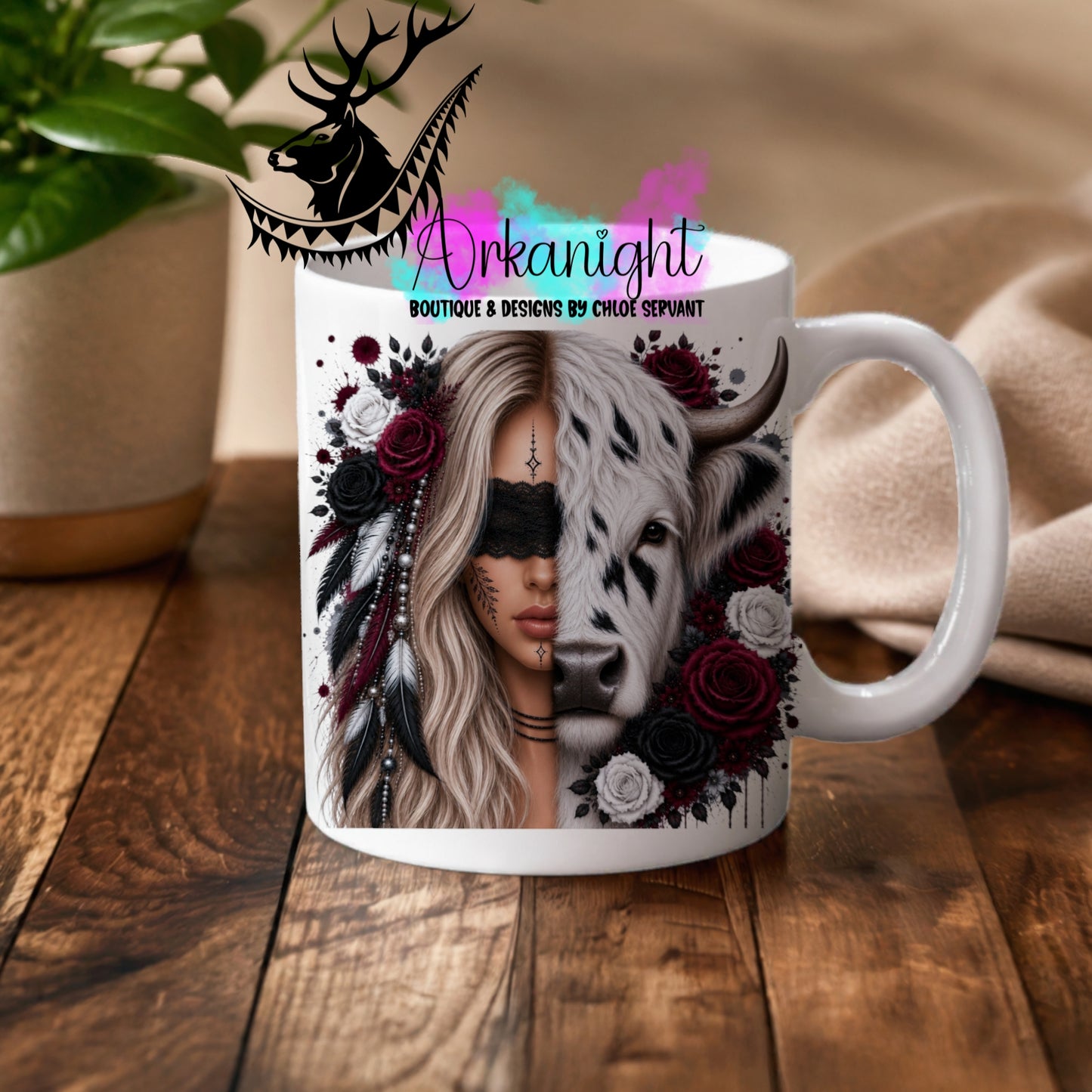 Numérique - Tasse en céramique - Collection Boho 2026 ♡ Mi-Femme Mi-Animaux ♡ Vache - Blonde