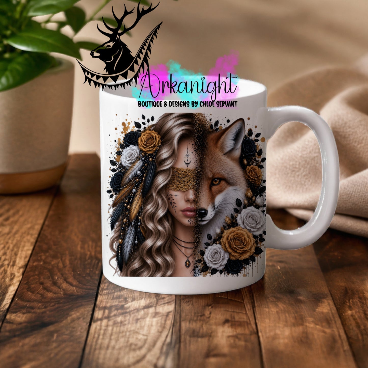 Numérique - Tasse en céramique - Collection Boho 2026 ♡ Mi-Femme Mi-Animaux ♡ Renard - Châtain