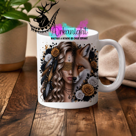 Tasse en céramique sur commande - Collection Boho 2026 ♡ Mi-Femme Mi-Animaux ♡ Renard Blonde-Chatain