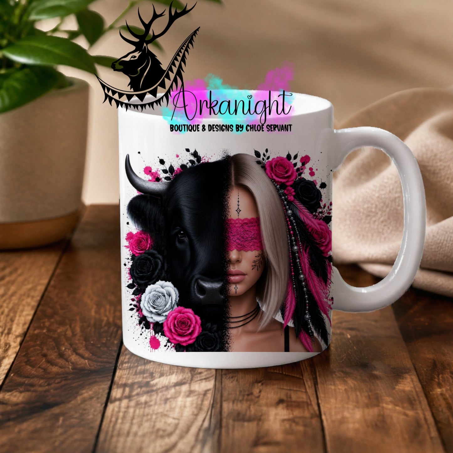 Numérique - Tasse en céramique - Collection Boho 2026 ♡ Mi-Femme Mi-Animaux ♡ Vache - Blonde
