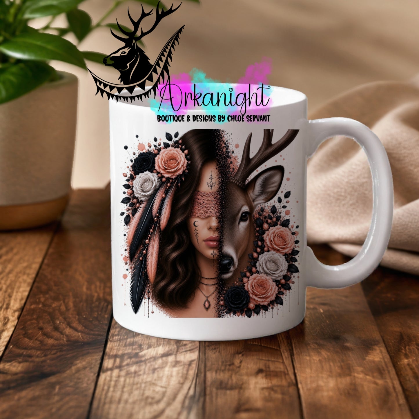 Numérique - Tasse en céramique - Collection Boho 2026 ♡ Mi-Femme Mi-Animaux ♡ Cerf - Brune
