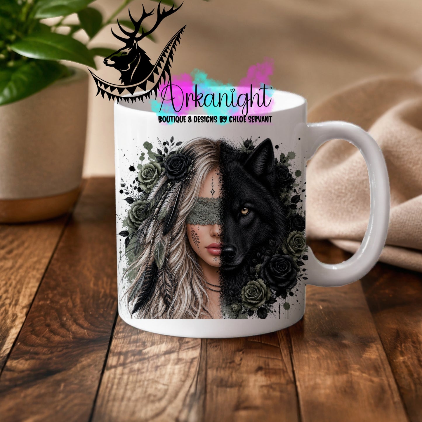 Numérique - Tasse en céramique - Collection Boho 2026 ♡ Mi-Femme Mi-Animaux ♡ Loup - Blonde