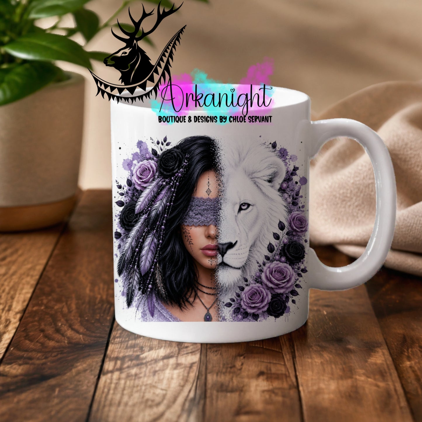 Numérique - Tasse en céramique - Collection Boho 2026 ♡ Mi-Femme Mi-Animaux ♡ Lion - Noir