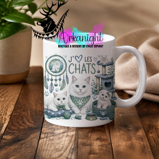Tasse en céramique sur commande - Collection Boho 2026 ♡ Chats ♡ Blanc