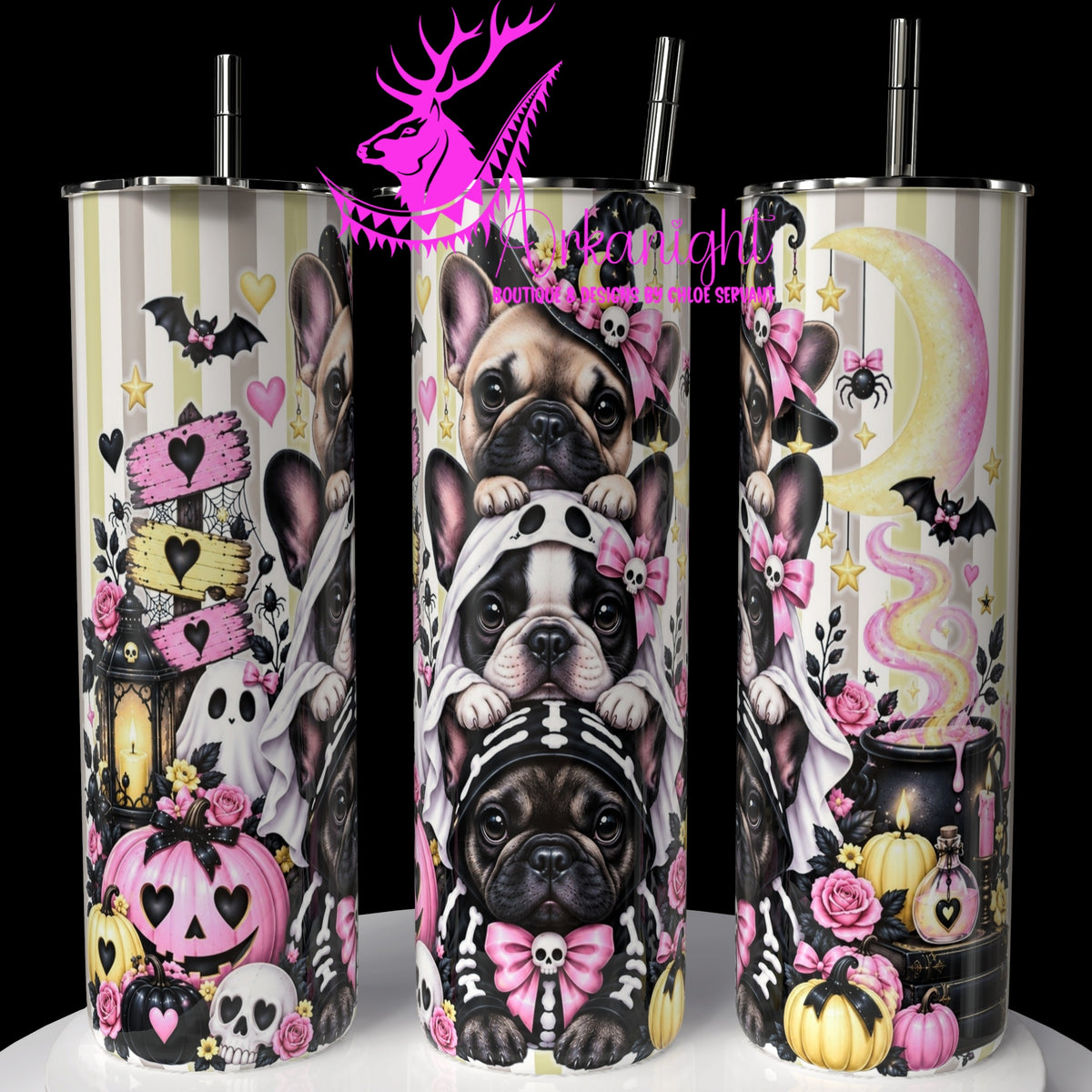 Gourde sur commande ♡ Collection   Halloween 2026 ♡ Trio D'animaux ♡ Chien Bouledogues Français