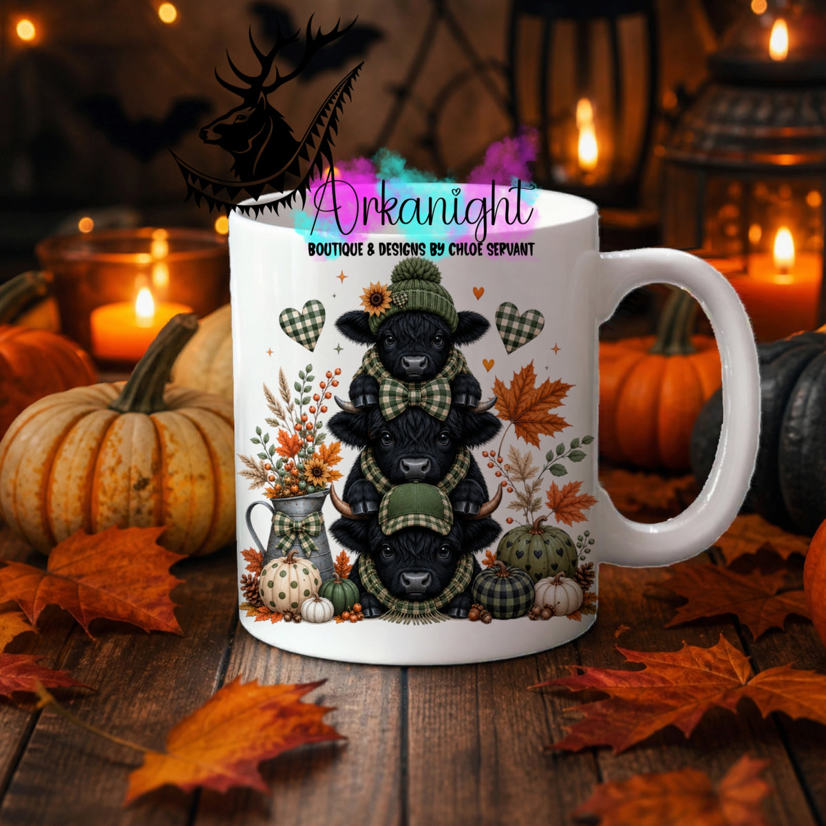 Numérique - Tasse en céramique - Collection Automne 2026 ♡ Trio ♡ Vache Highland Noire Teinte de vert militaire