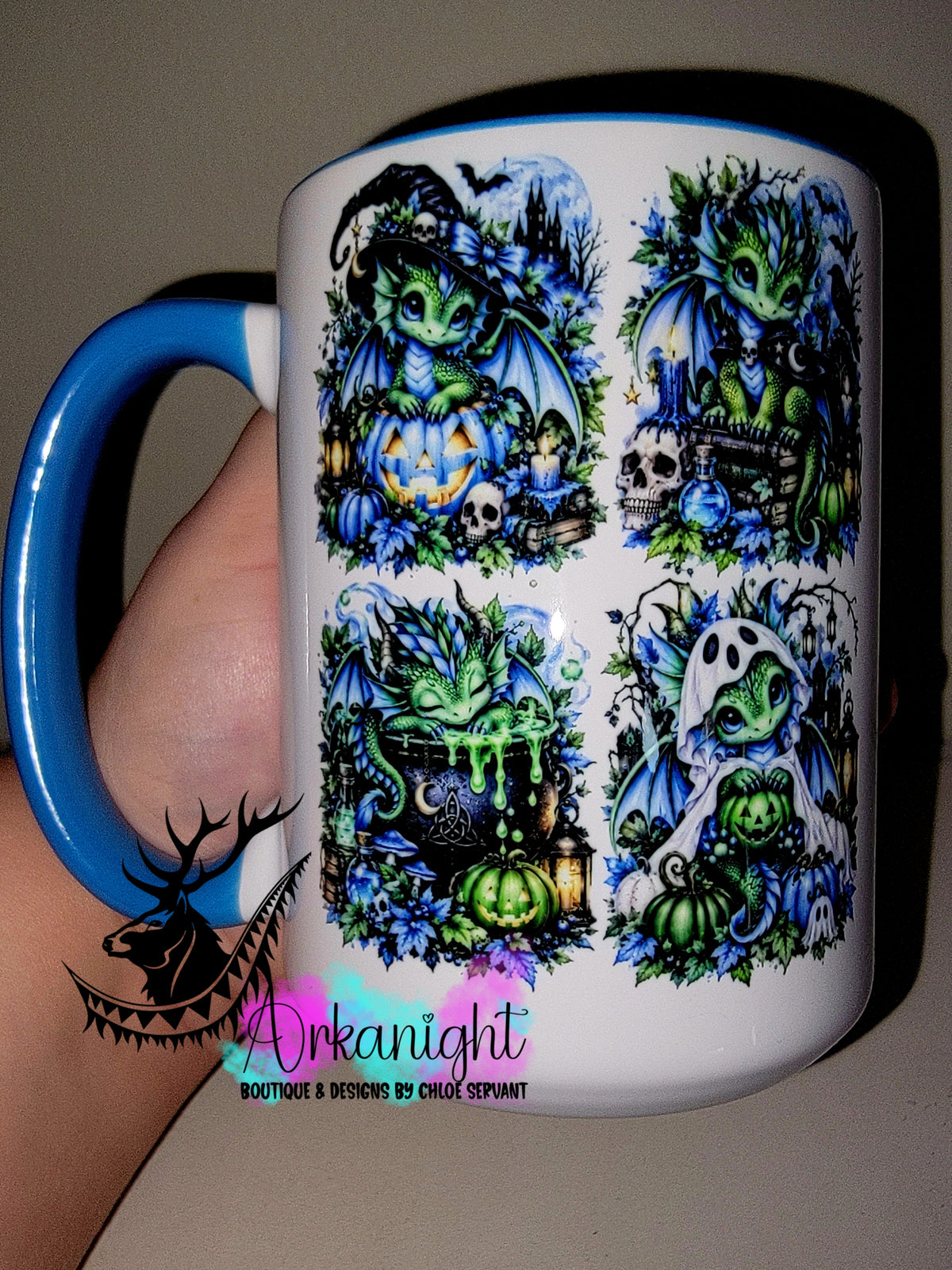 Tasse en céramique sur commande - Collection Automne et Halloween 2026 ♡ Dragon ♡ Bleu & Vert Vif