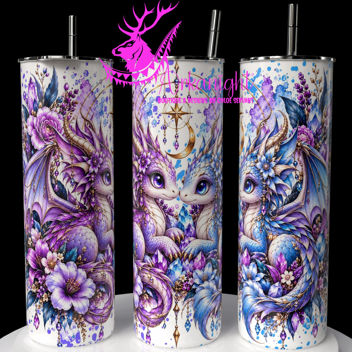 Gourde sur commande ♡ Collection   Animaux - Cycle Lunaire ♡ Dragon ♡ Bleu pâle & Lilas